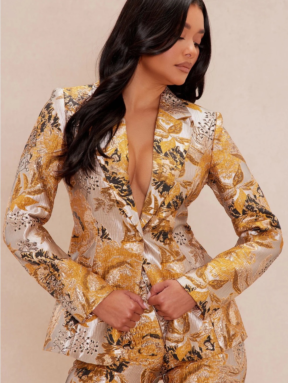 Fashion Nova Gold Floral Brocade Blazer & Pants - Picture 2 of 3